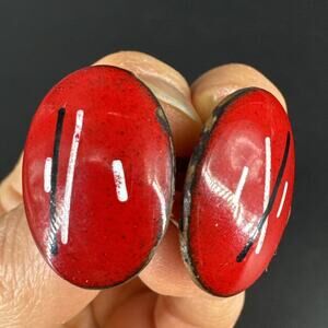 Vintage Enamel On Copper Oval Screw Back Earrings Abstract Black & White Marks